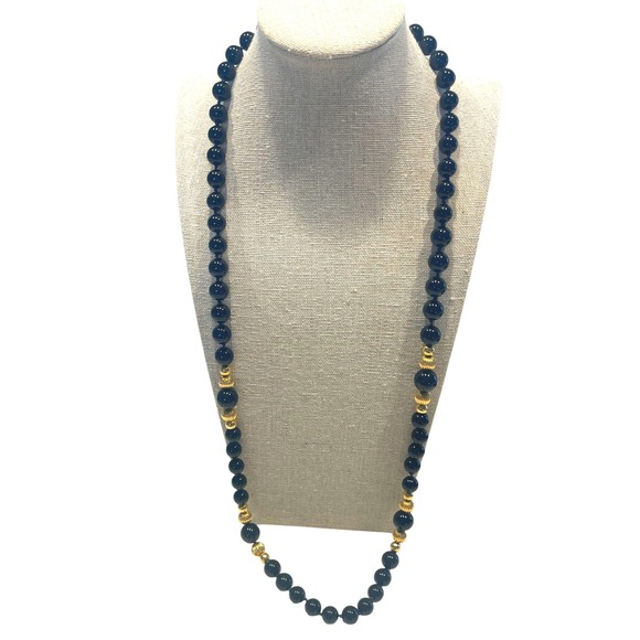 Jewelry - Vintage 30" Black Onyx Bead Necklace w/14K Gold Beads & Clasp 75g Estate Jewelry
